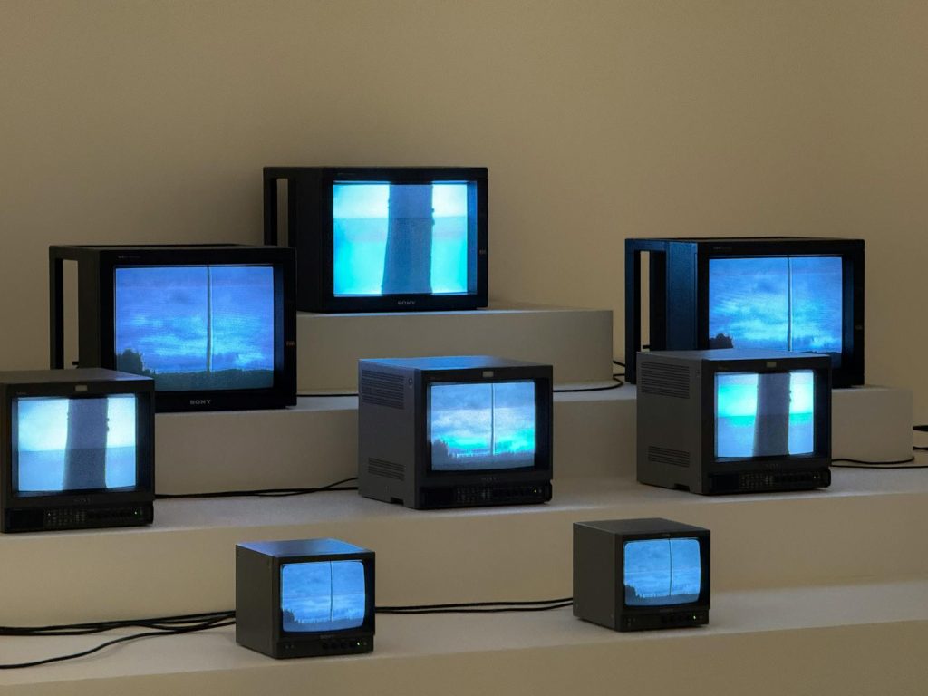 A professional installer mounting a flat-screen TV on a wall, with tools on a white shelf nearby.