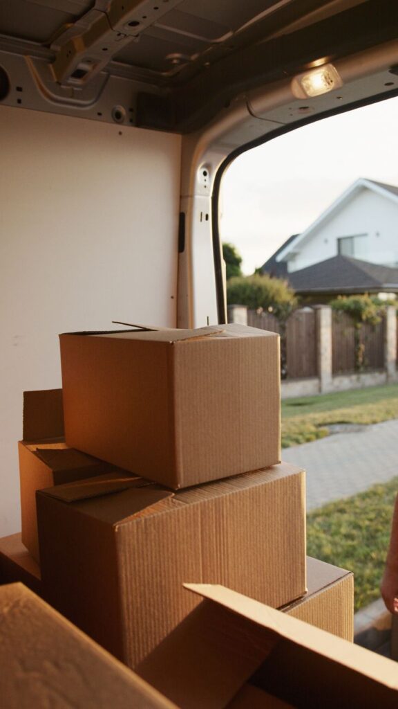 A moving truck in front of a house, representing trusted office and home moving services in Kenya.
