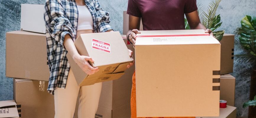 A mover in a red shirt carries a box into a Nairobi home, with the GoodLife Movers Kenya logo visible on the truck.